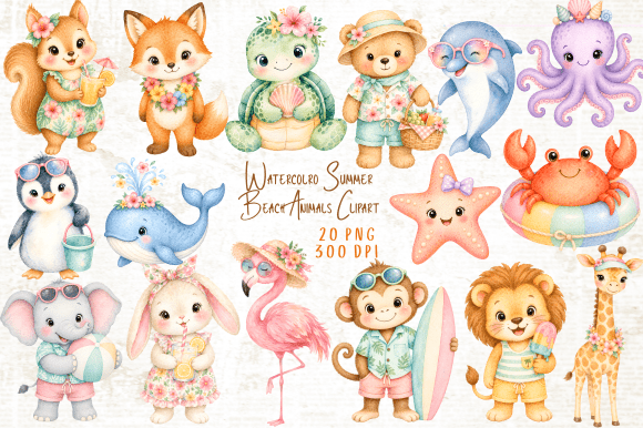 Download Watercolor Summer Beach Animals Clipart - Animal Collection