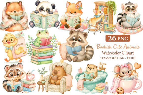 Download Bookish Cute Animals Watercolor Cliparts - Animal Collection